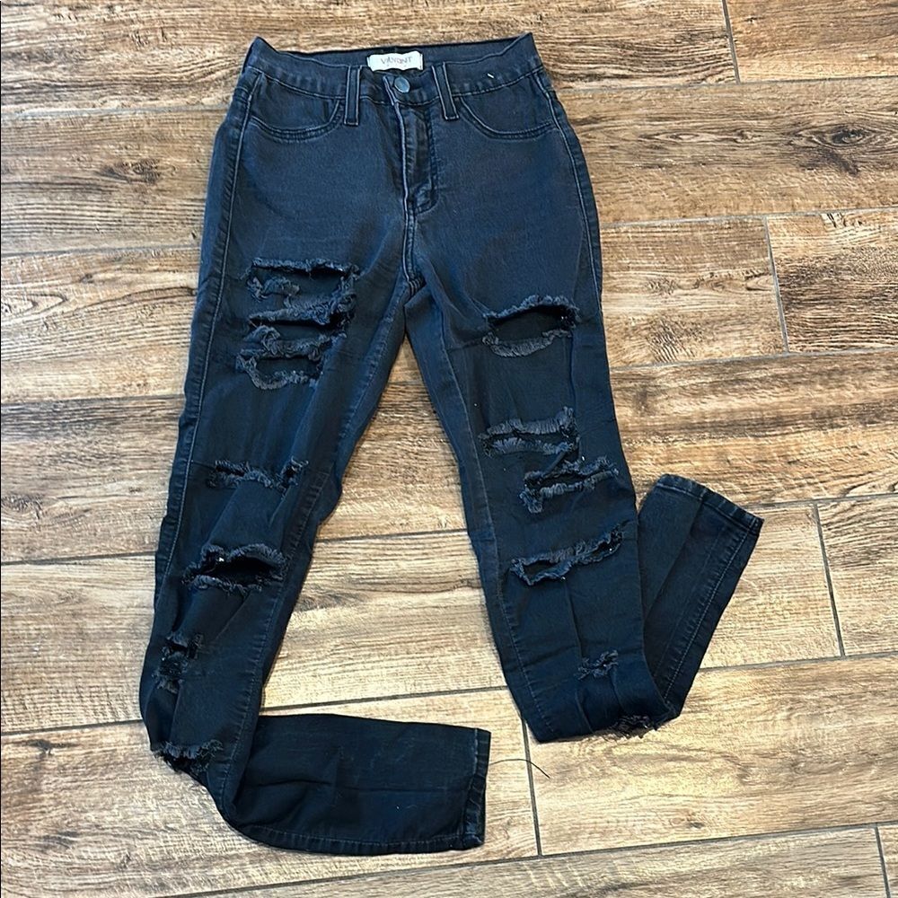 Vibrant Black Distressed Skinny Jeans - Waist 24